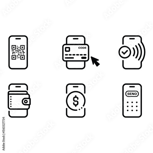 Mobile Payment App Icons Modern Clean Line Art Style Secure Online Transactions
