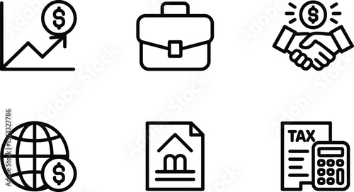 Business and Finance Icons - Global Economy, Investments, Contracts, and Tax Management