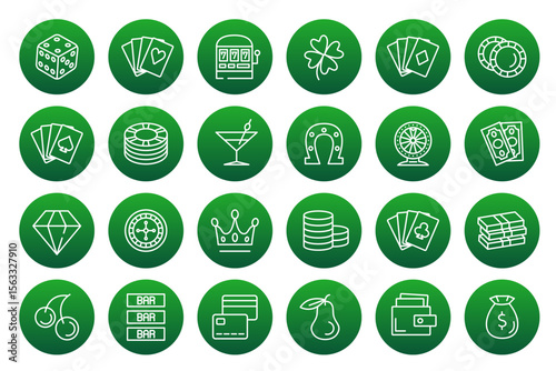 Casino vector icons. Green round icons isolated on white background. Big set
