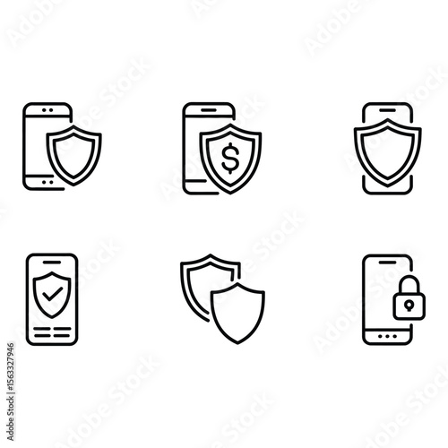 Mobile Security Smartphone Icons Shield Lock Financial Protection Line Art Minimalist Design