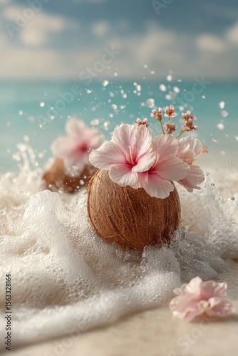 Pink Hibiscus Flowers Adorn Brown Coconut in Ocean Waves