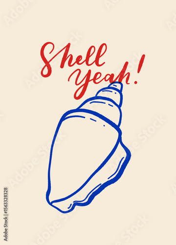 Vector poster with seashells in dolce vita mediterranean style, handwritten lettering, blue on beige, beach summer mood, typography print with shells and quotes