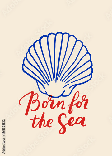 Vector poster with seashells in dolce vita mediterranean style, handwritten lettering, blue on beige, beach summer mood, typography print with shells and quotes