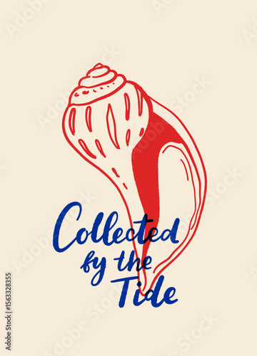 Vector poster with seashells in dolce vita mediterranean style, handwritten lettering, blue on beige, beach summer mood, typography print with shells and quotes