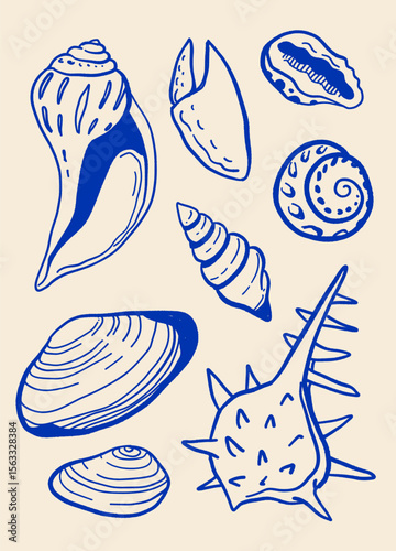 Vector poster with seashells in dolce vita mediterranean style, handwritten lettering, blue on beige, beach summer mood, typography print with shells and quotes