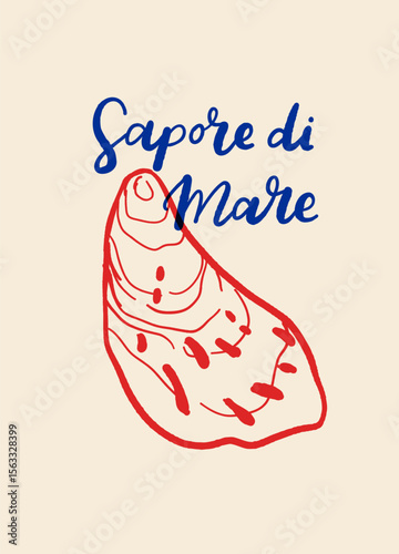 Vector poster with seashells in dolce vita mediterranean style, handwritten lettering, blue on beige, beach summer mood, typography print with shells and quotes