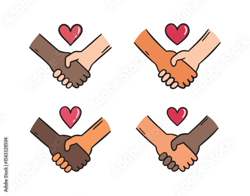 Hand drawn multiracial hands holding showing diversity unity support love