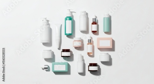Wallpaper Mural variety of blank cosmetic and skincare product packaging with minimalist design on white background, top view Torontodigital.ca