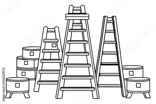 Variety of Ladders and Paint Cans A Construction Illustration