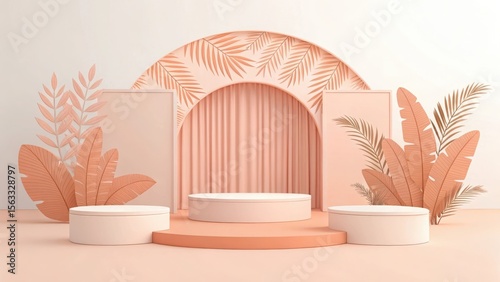 Minimalist Peach and Coral Product Display: Elegant Podiums, Tropical Leaf Accents, Archway Backdrop, Soft Lighting, Calm Mood, Modern Aesthetic, Clean Lines, Studio Shot, Blank Space, Commercial Use.
