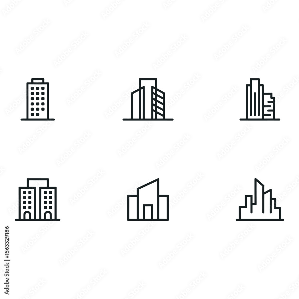 Obraz premium Modern Minimalist Building Icons Six Outline Style Cityscape Illustrations for Web and App Design