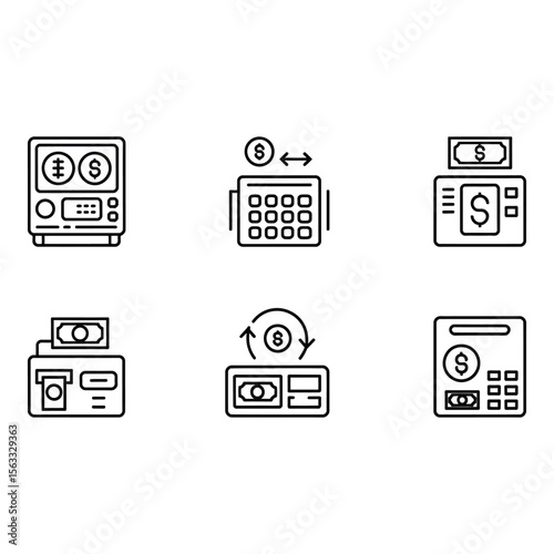 Modern Minimalist Line Art Icons Financial Transactions Currency Exchange ATM Payment Processing Banking