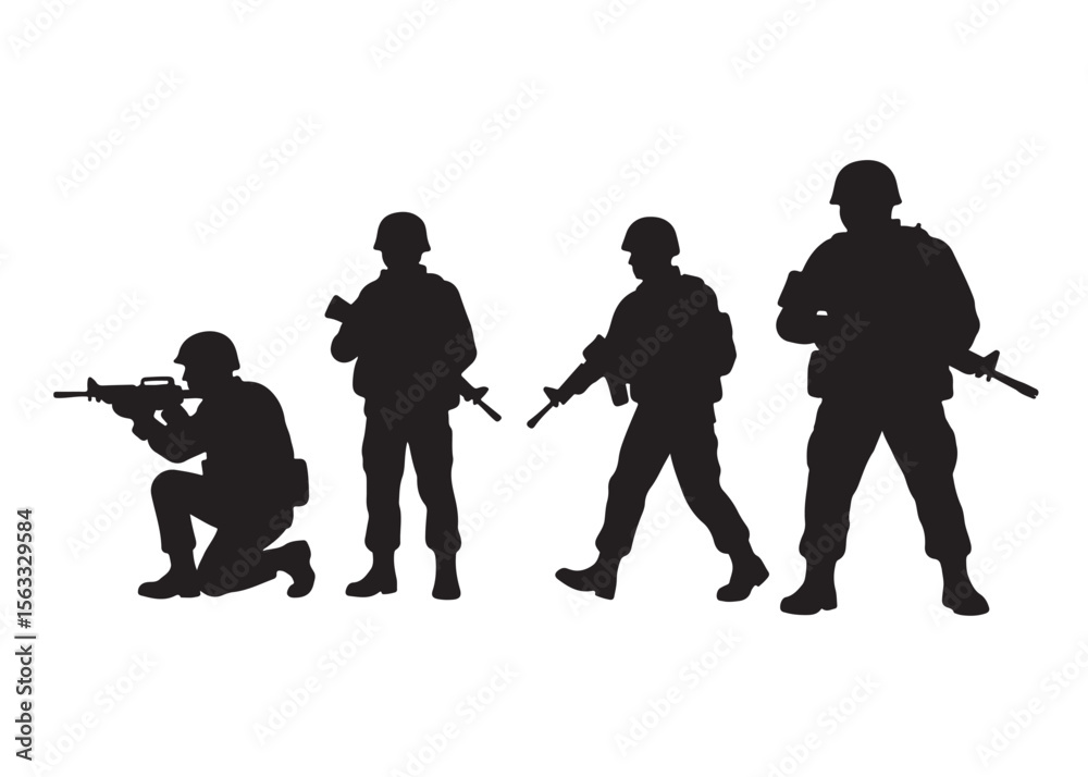 military logo silhouette vector, army soldiers with rifle silhouette vector, silhouette military men stood with short guns, soldier army logo silhouettes vector on a white background military logo silhouette vector, army soldiers with rifle silhouette vector, silhouette military men stood with short guns, soldier army logo silhouettes vector on a white background