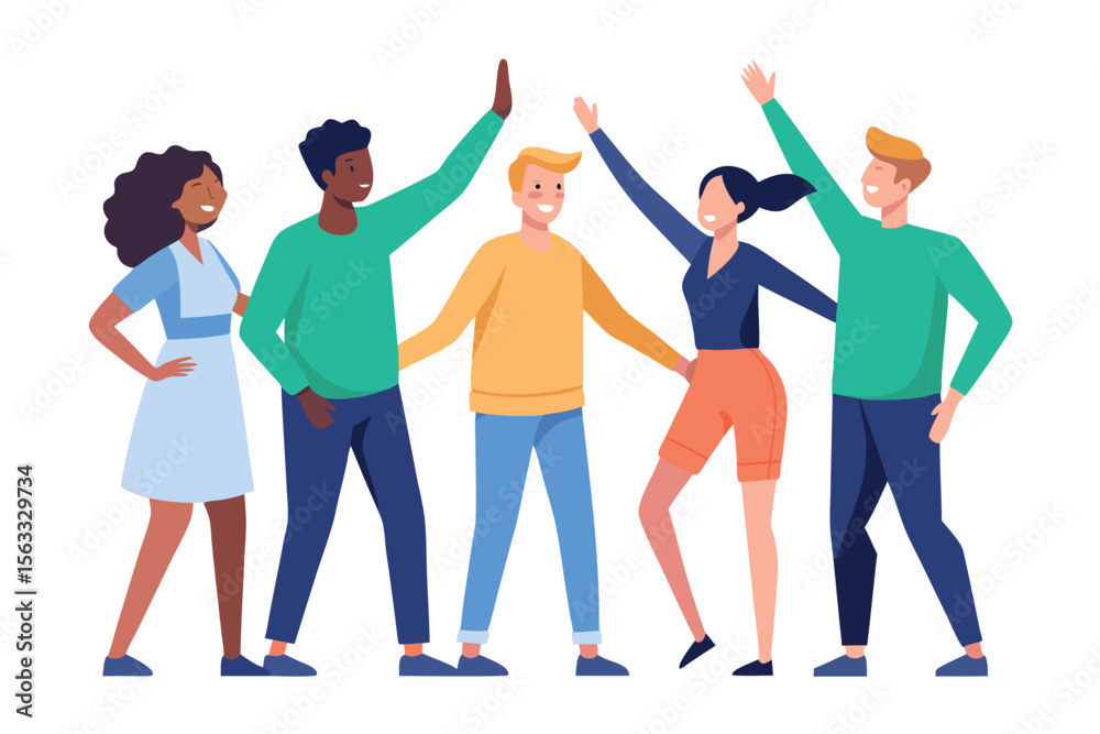 Obraz premium Diverse young adults celebrating success, high five, teamwork, flat design, joyful mood.