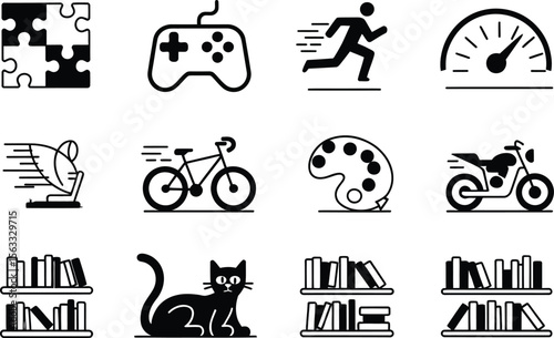 Collection of Black and White Pictograms Featuring Puzzle, Controller, Runner isolated on transparent background