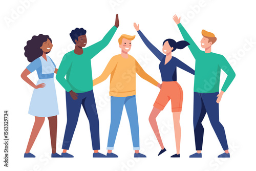 Diverse young adults celebrating success, high five, teamwork, flat design, joyful mood.