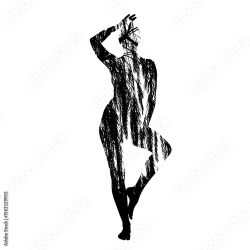 Abstract silhouette of a woman posing artistically in black and white  