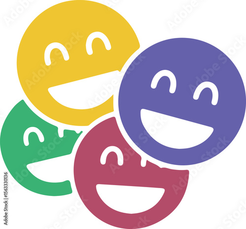 Four Smiling Faces Overlapping Circles Yellow Purple Green Red Happy Mood vector