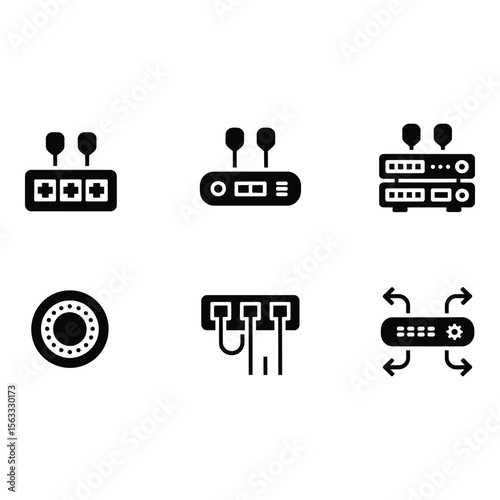 Network Router Icons Modern Minimalist Black Glyph Style Technology Connectivity Data Transfer Server Internet Wireless Ethernet