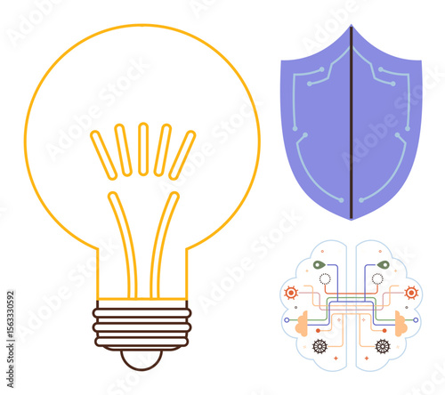 Light bulb symbolizing creativity, shield representing cybersecurity, and a brain with circuits for AI. Ideal for innovation, technology, cybersecurity, AI, brainstorming, protection digital