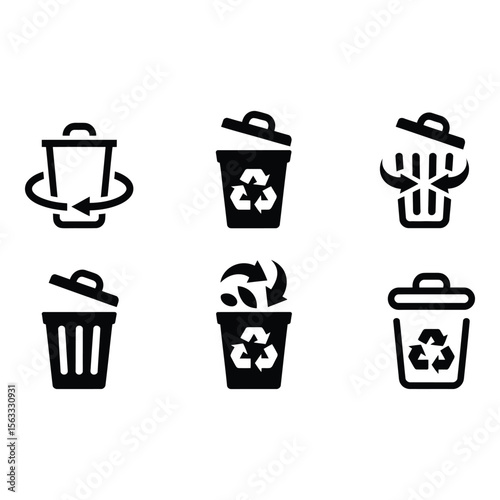 Recycling Bin Icons Six Black and White Vector Graphics for Waste Management and Sustainability
