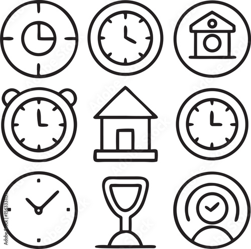 Collection of outline icons representing time dates locations and planning activities