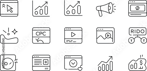 Icons representing digital marketing, analytics, advertising, and online campaign elements, including graphs, video ads, and CPC