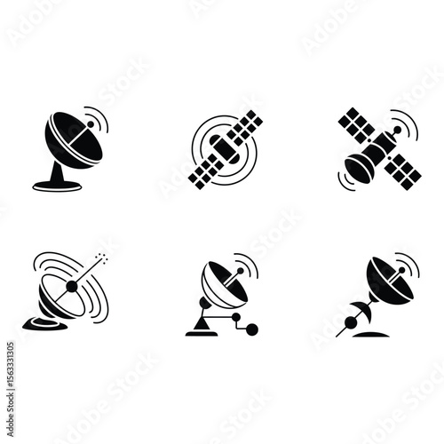 Satellite Dish and Spacecraft Icons Modern Monochrome Technology Communication Graphics