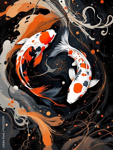 Abstract digital artwork featuring koi fish in black, white, orange, and gold with elegant swirling patterns. Ideal for modern art, zen themes, and decorative design use