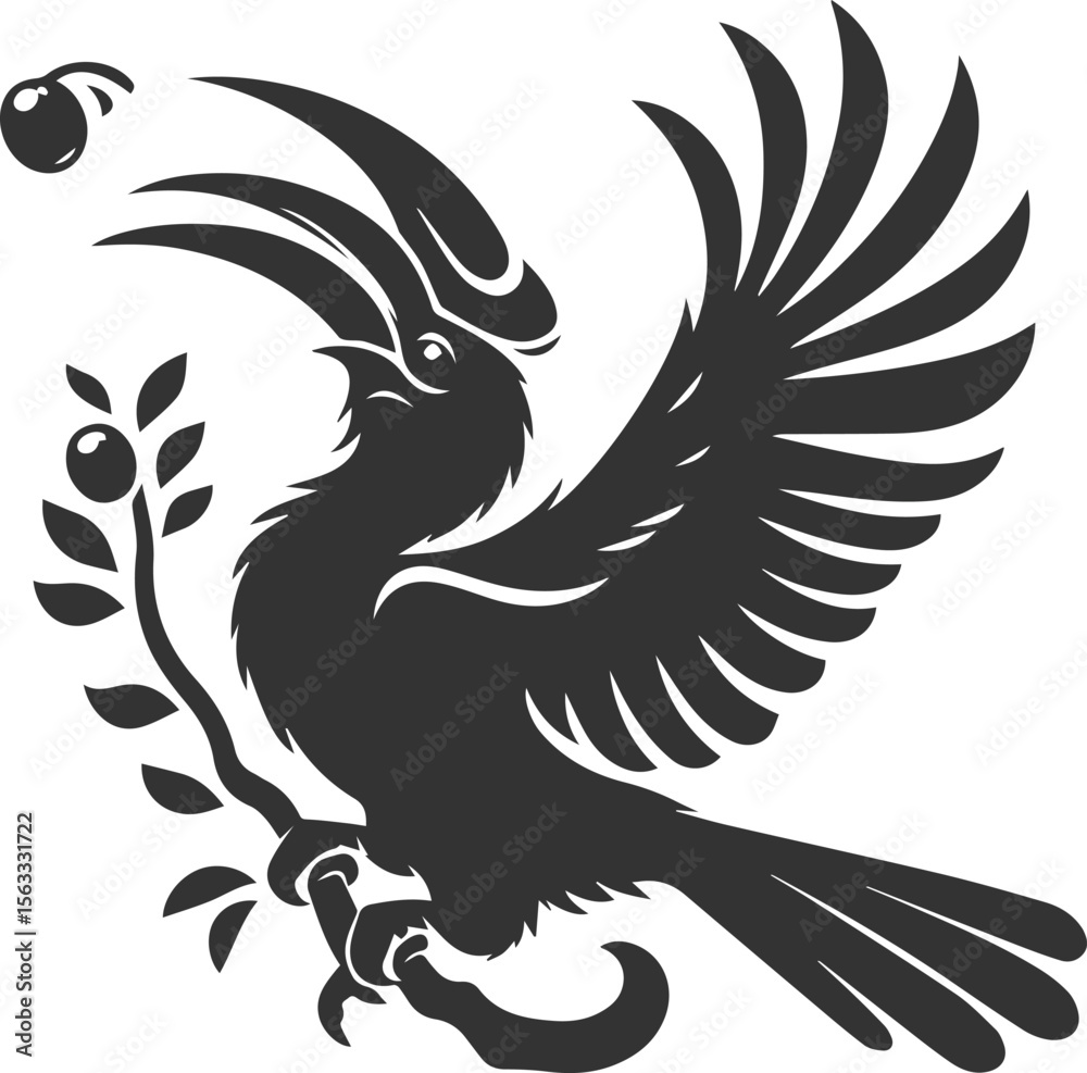 Obraz premium Black vector silhouette of a hornbill bird drawing illustration
