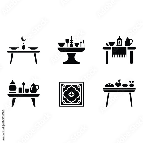 Set of Six Minimalist Black Tabletop Icons Elegant Flatware Moroccan Decor Ramadan Feast Simple Food Still Life