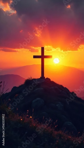 Silhouetted cross on a hilltop at sunset, symbolizing hope, faith, and redemption in the Christian faith A powerful image of spiritual peace and the promise of salvation , nature, belief