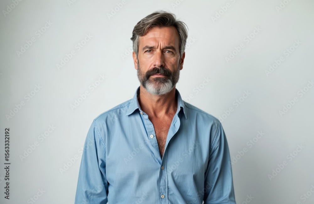 Mature man with a gray beard looks confidently at camera. He wears a blue shirt. Studio portrait of a handsome, sophisticated male. Business, finance, success concept. Mature man with a gray beard looks confidently at camera. He wears a blue shirt. Studio portrait of a handsome, sophisticated male. Business, finance, success concept.