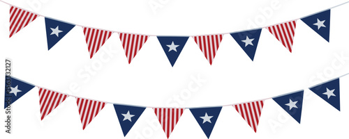 American flag for decoration. USA triangular flags bunting garland for party or other patriotic event. transparent png and vector illustration.