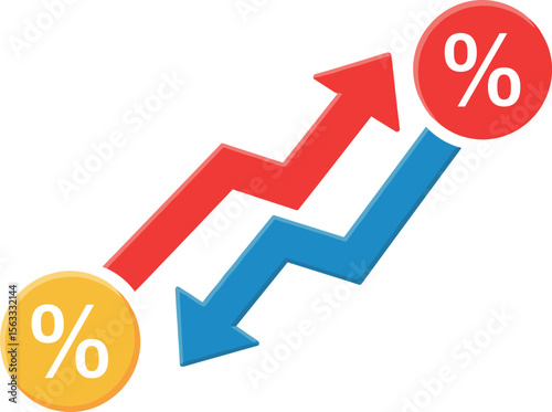 Arrow going up symbol with percentage sign. Import tariffs increasing graph symbol with the colour of USA and China flag. Transparent PNG and vector illustration