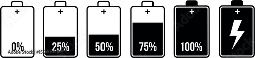 Battery level icon set. Charge status symbol with 0, 25, 50, 75 percent and charging sign. Power level indicator for app or UI. Transparent PNG and vector illustration.