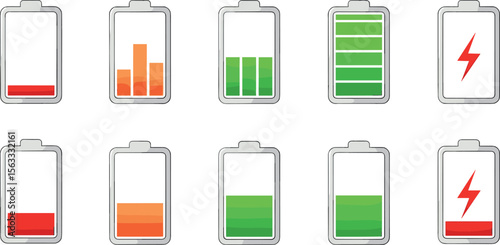 Battery level icon set. Charge level indicator collection with low, medium, full and charging symbol for app and UI. Transparent PNG and vector illustration