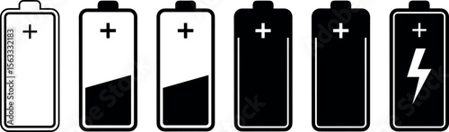 Battery level icon set. Charge status sign collection with empty, low, medium, full and charging symbol. Battery level indicator for app and UI. Transparent PNG and vector illustration