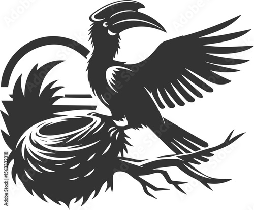 Black vector silhouette of a hornbill bird drawing illustration