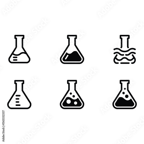 Six Bold Black Erlenmeyer Flask Icons Empty Filled Boiling and Measurement Mark Variations
