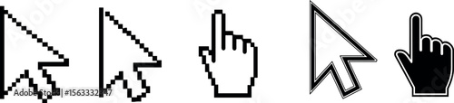 Computer mouse cursor icons. Cursors containing pointer, arrow and hand symbol with pixelated form. Transparent vector illustration