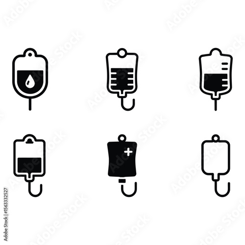 Six Bold Black IV Bag Icons Medical Healthcare Minimalist Style Vector Graphics