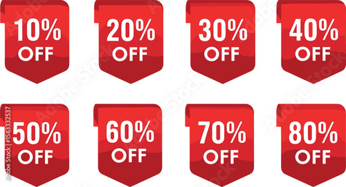 discount sticker product red tag set. shopping discount label badge with 10, 20, 30, 40, 50, 60, 70, 80 percent off. vector symbol on transparent background