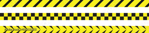 Set of horizontal yellow and black warning tapes with diagonal, checkered, and arrow patterns for safety, construction, and restricted area signage in hazard or industrial design visuals.