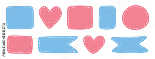 patches different shapes with dotted line set. Cute pastel templates, place for text or photo frames. Girl and boy birth frame. Decorative vector elements. Blue and pink dotted patches.