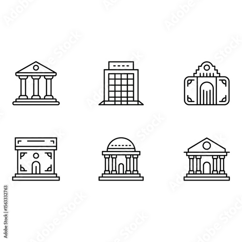 Six Classic Building Line Icons Modern Minimalist Financial Government Architectural Design Elements