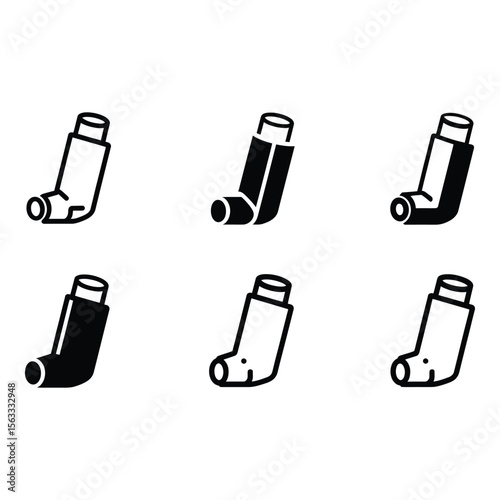 Six Inhaler Icons Black and White Medical Healthcare Line Art Simple Clean Design Vector Illustration