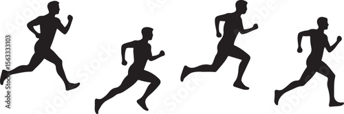 Four black silhouette male runners in motion on a white background