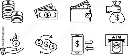 money icon set. containing cash, saving, wallet, transfer, withdraw icons. finance symbol for app, ui, website and design element. transparent png and vector illustration