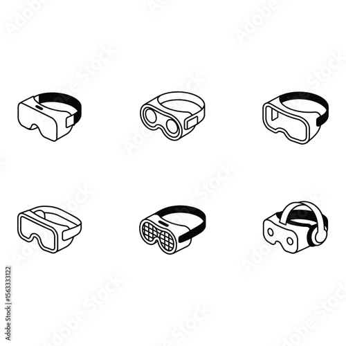 Six Isometric VR Headset Icons Modern Minimalist Line Art Illustrations for Technology Metaverse and Virtual Reality Concepts
